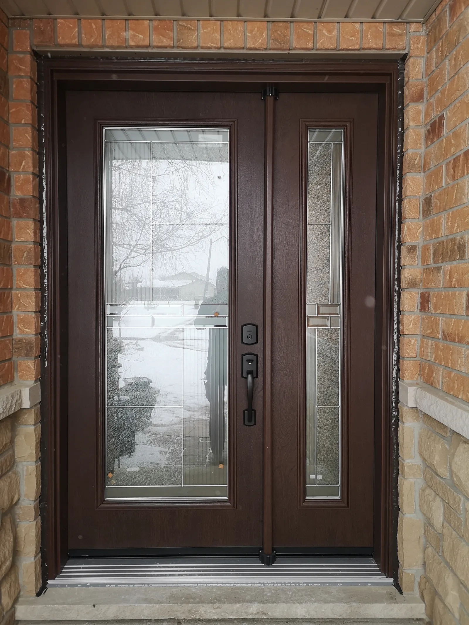 Brown double doors, full glass & sidelite