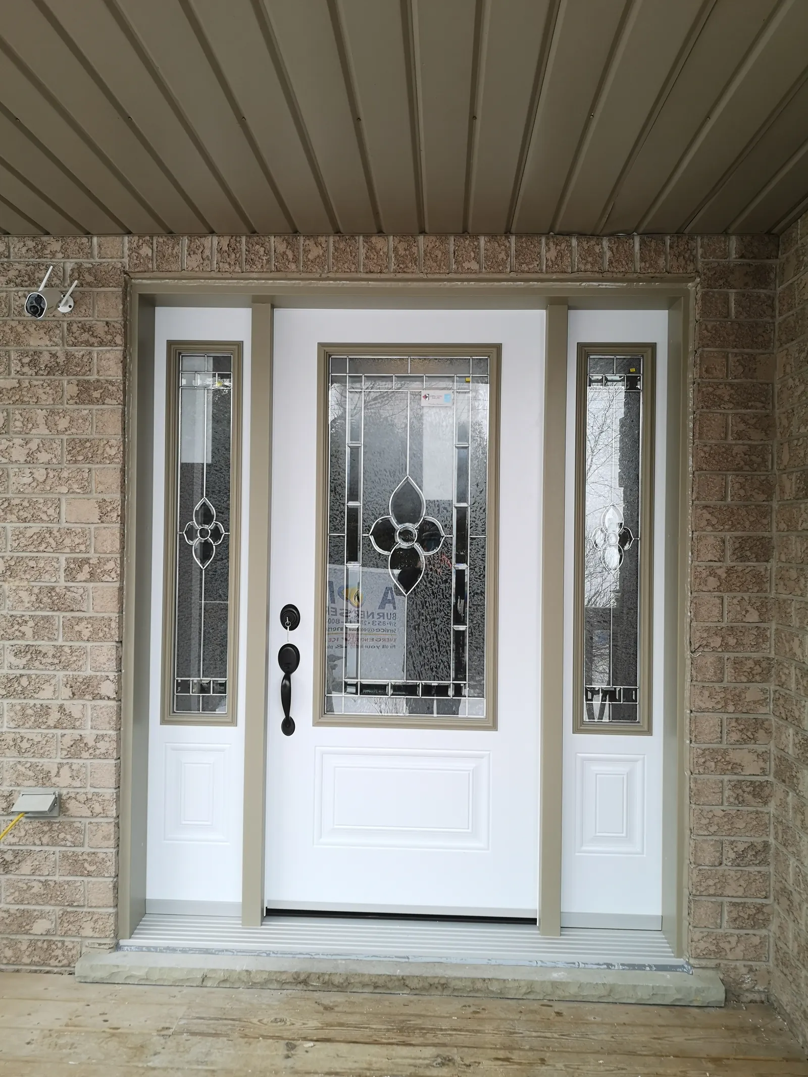 White door with decorative glass & sidelites